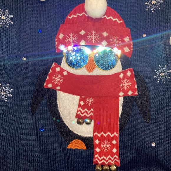 Ugly Christmas Sweater Holiday time m  8 to 10 penguin.  Lights Work. Blink.blue - Picture 6 of 8